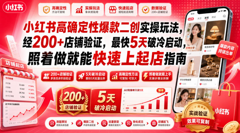 小红书高确定性爆款二创实操玩法，经200+店铺验证，最快5天破冷启动，照着做就能快速上起店指南-吾爱云课堂