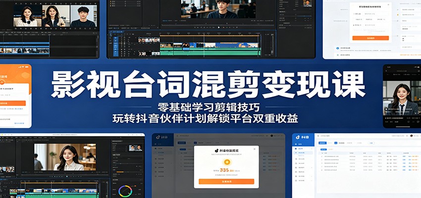 影视台词混剪变现课：零基础学习剪辑技巧，玩转抖音伙伴计划解锁平台双重收益-吾爱云课堂