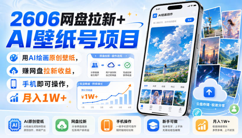 2606网盘拉新+AI壁纸号项目，用AI绘画原创壁纸，賺网盘拉新收益，手机即可操作，月入1W+-吾爱云课堂