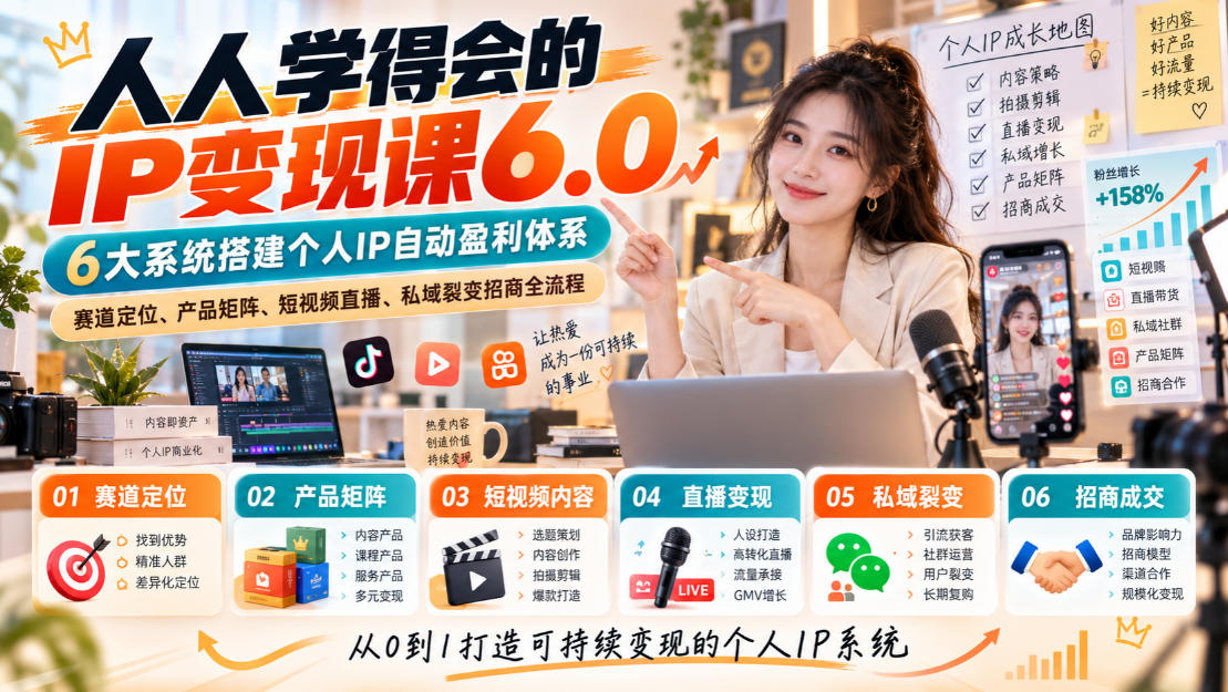 人人学得会的IP变现课6.0，6大系统搭建个人IP自动盈利体系，赛道定位、产品矩阵、短视频直播、私域裂变招商全流程-吾爱云课堂