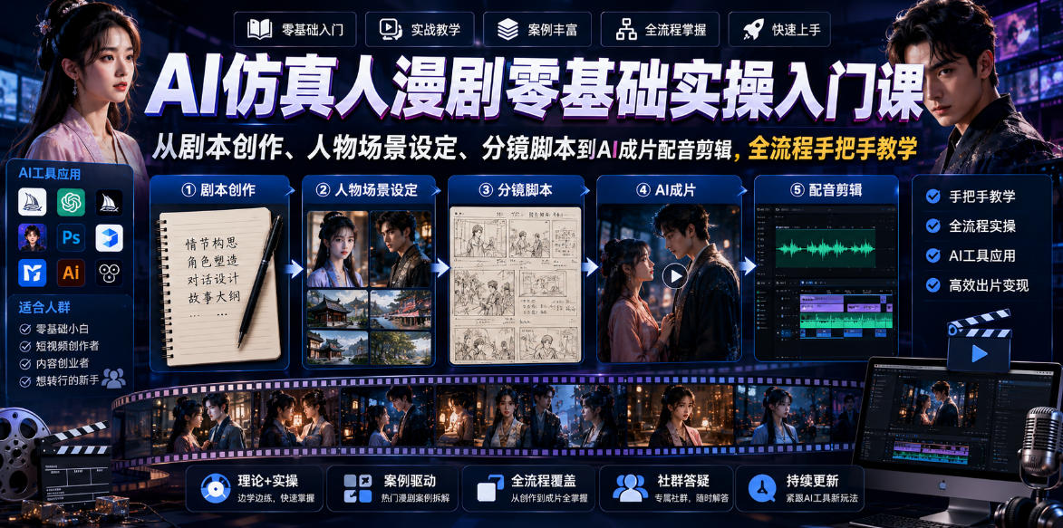 AI仿真人漫剧零基础实操入门课，从剧本创作、人物场景设定、分镜脚本到AI成片配音剪辑，全流程手把手教学-吾爱云课堂
