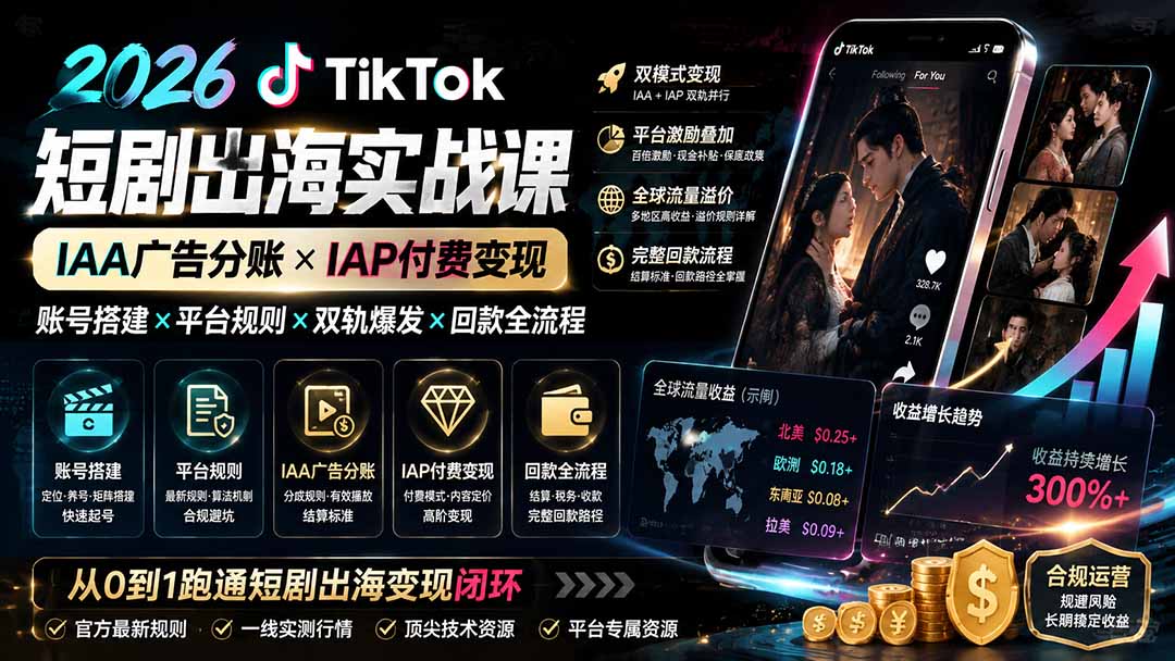 2026TikTok短剧出海实战课：IAA广告分账×IAP付费变现×账号搭建×平台规则×双轨爆发×回款全流程-吾爱云课堂