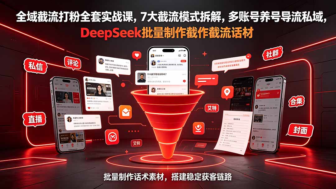 全域截流打粉全套实战课，7大截流模式拆解，多账号养号导流私域，DeepSeek批量制作截流话术素材-吾爱云课堂