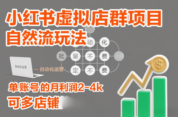 小红书虚拟店群项目，自然流玩法，批量自动化，稳定不费号，单账号的月利润2-4k，可多店矩阵-吾爱云课堂