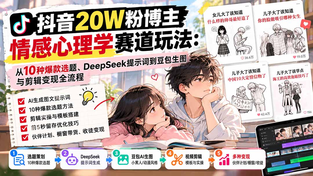 抖音20W粉博主-情感心理学赛道玩法：从10种爆款选题、DeepSeek提示词到豆包生图与剪辑变现全流程-吾爱云课堂