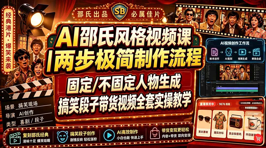 AI邵氏风格视频课｜两步极简制作流程，固定/不固定人物生成，搞笑段子带货视频全套实操教学-吾爱云课堂