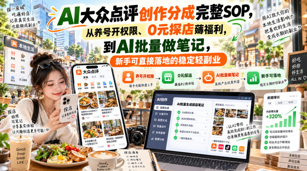 【无水印】AI大众点评创作分成完整SOP，从养号开权限、0元探店薅福利，到AI批量做笔记，新手可直接落地的稳定轻副业-吾爱云课堂