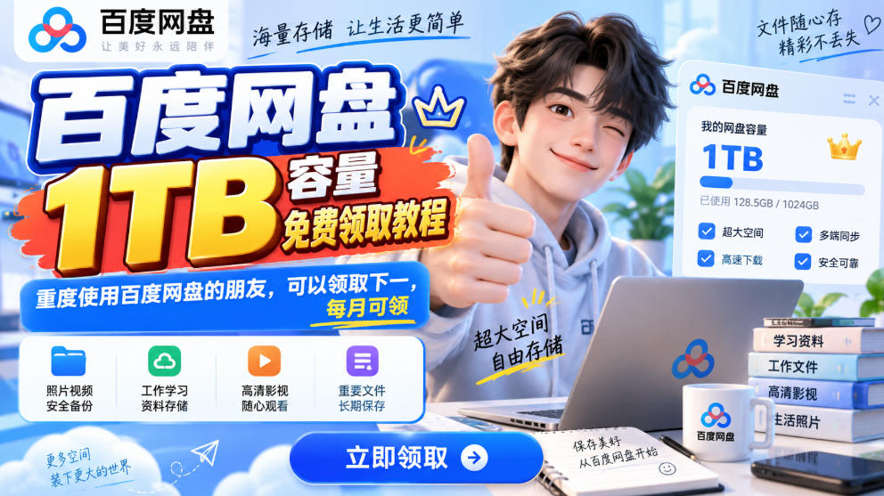 百度网盘1TB容量免费领取教程，重度使用百度网盘的朋友，可以领取下一，每月可领-吾爱云课堂