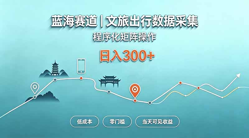蓝海赛道  文旅出行数据采集  程序化矩阵操作    低成本  零门槛   当天可见收益   日入300+-吾爱云课堂