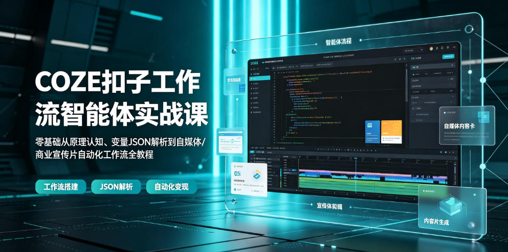 COZE扣子工作流智能体实战课｜零基础从原理认知、变量JSON解析到自媒体/商业宣传片自动化工作流全教程-吾爱云课堂
