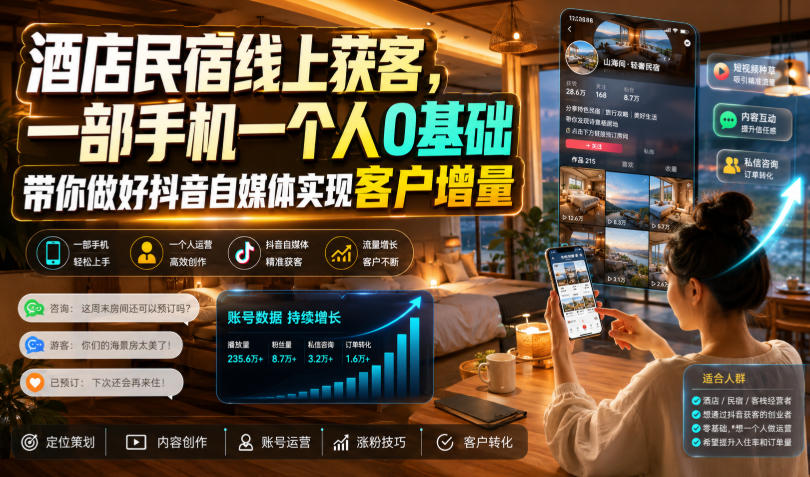 酒店民宿线上获客，一部手机一个人0基础带你做好抖音自媒体实现客户增量-吾爱云课堂
