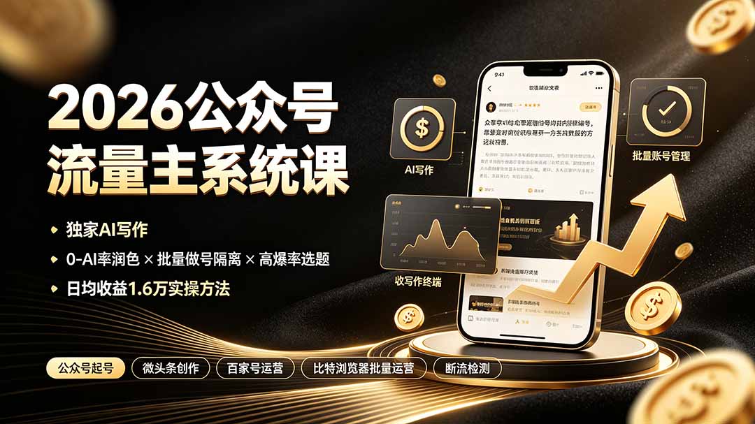 2026公众号流量主系统课：独家AI写作×0-AI率润色×批量做号隔离×高爆率选题，日均收益1.6万实操方法-吾爱云课堂