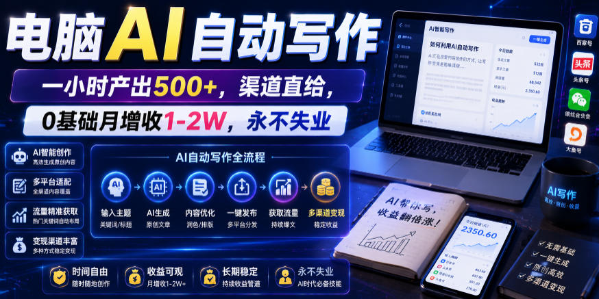 电脑AI自动写作，一小时产出500+，渠道直给，0基础月增收1-2W，永不失业【揭秘】-吾爱云课堂