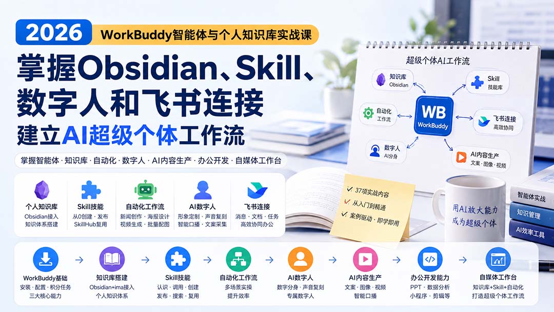 2026 WorkBuddy智能体与个人知识库实战课：掌握Obsidian、Skill、数字人和飞书连接，建立AI超级个体工作流-吾爱云课堂
