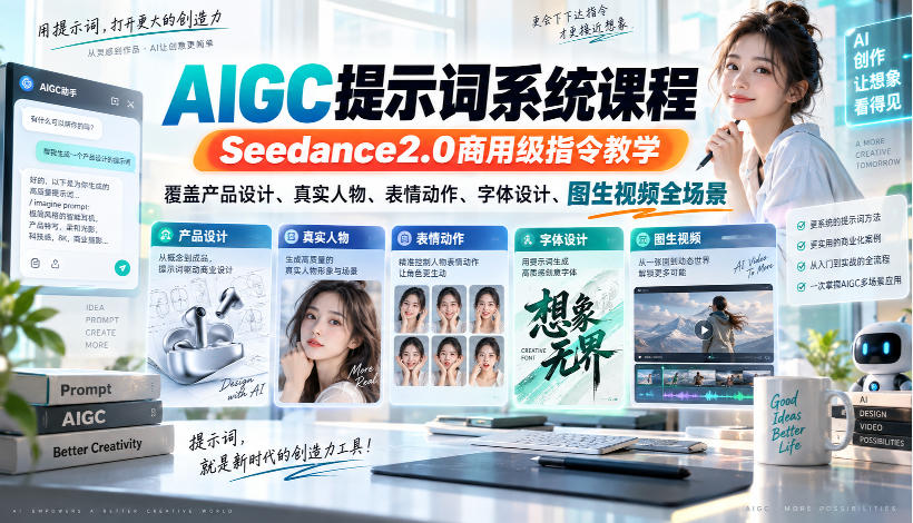 AIGC提示词系统课程，Seedance2.0商用级指令教学，覆盖产品设计、真实人物、表情动作、字体设计、图生视频全场景-吾爱云课堂