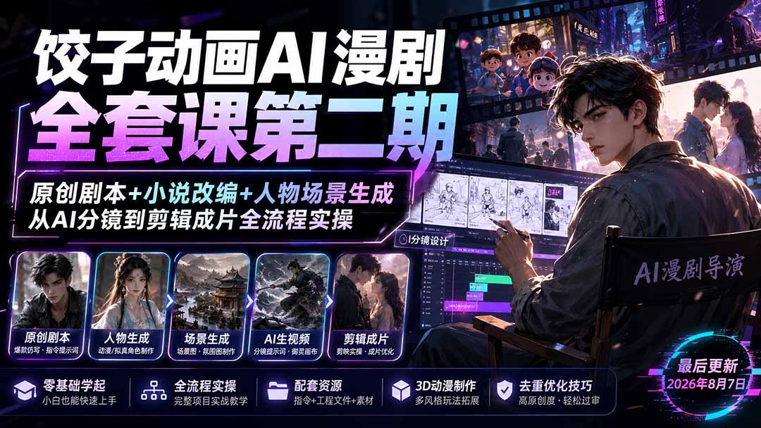 饺子动画AI漫剧全套课第二期：原创剧本+小说改编+人物场景生成，从AI分镜到剪辑成片全流程实操-吾爱云课堂