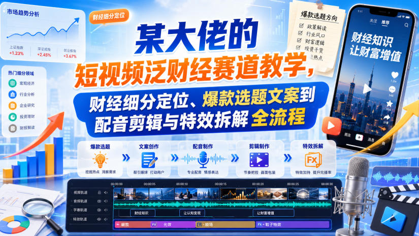 某大佬的短视频泛财经赛道教学，财经细分定位、爆款选题文案到配音剪辑与特效拆解全流程-吾爱云课堂