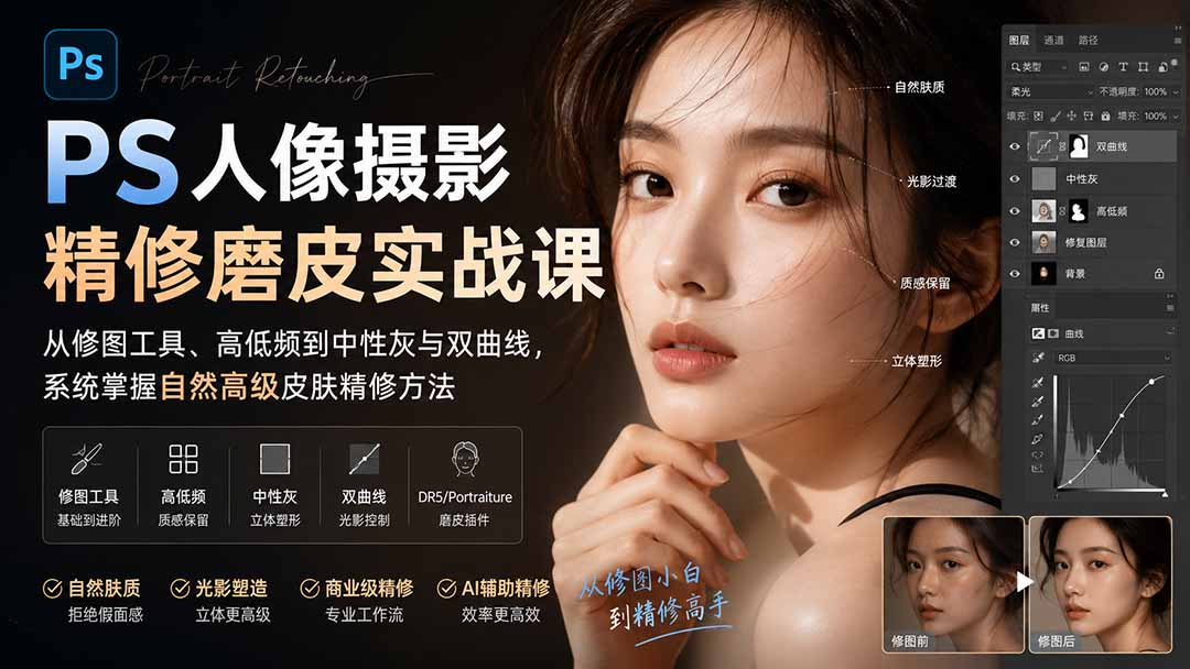 PS人像摄影精修磨皮实战课：从修图工具、高低频到中性灰与双曲线，系统掌握自然高级皮肤精修方法-吾爱云课堂