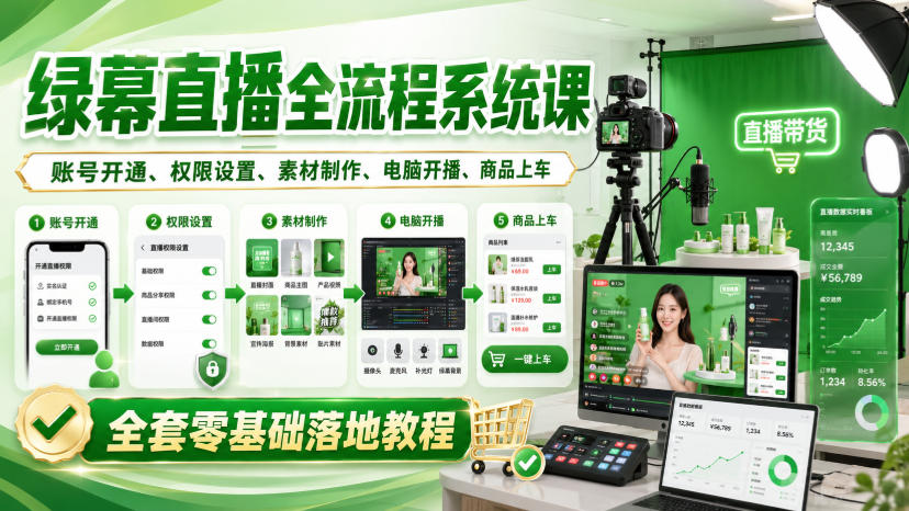 绿幕直播全流程系统课，账号开通、权限设置、素材制作、电脑开播、商品上车全套零基础落地教程-吾爱云课堂