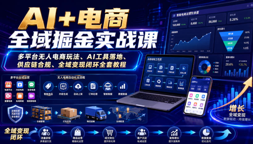 AI+电商全域掘金实战课｜多平台无人电商玩法、AI工具落地、供应链合规、全域变现闭环全套教程-吾爱云课堂