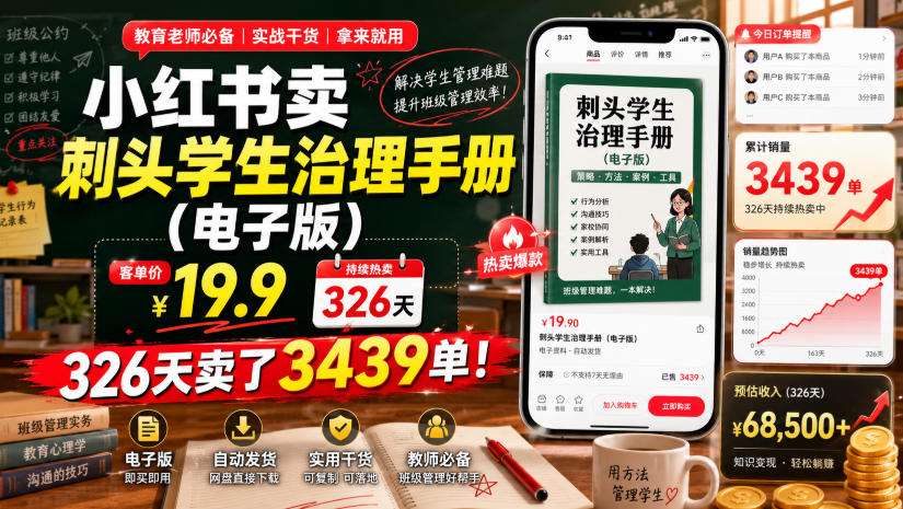 小红书卖刺头学生治理手册(电子版)，客单价19.9，326天卖了3439单！-吾爱云课堂