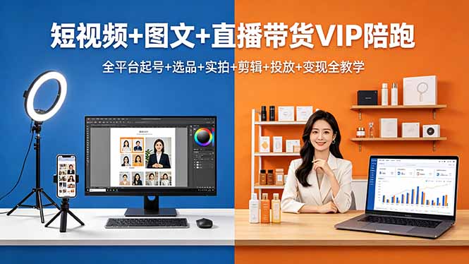 短视频+图文+直播带货VIP陪跑，全平台起号+选品+实拍+剪辑+投放+变现全教学-吾爱云课堂