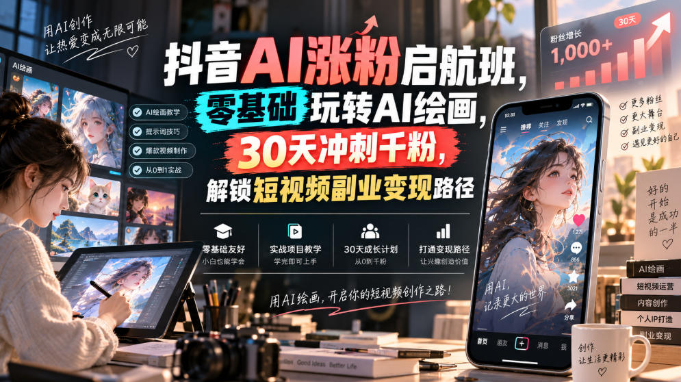 抖音AI涨粉启航班，零基础玩转AI绘画，30天冲刺千粉，解锁短视频副业变现路径-吾爱云课堂