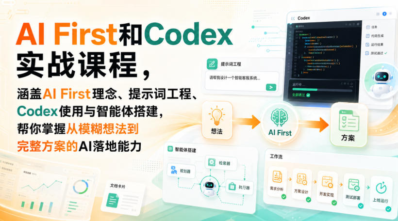 AI First和Codex实战课，涵盖AI First理念、提示词工程、Codex使用与智能体搭建，掌握从模糊想法到完整方案的AI落地能力-吾爱云课堂