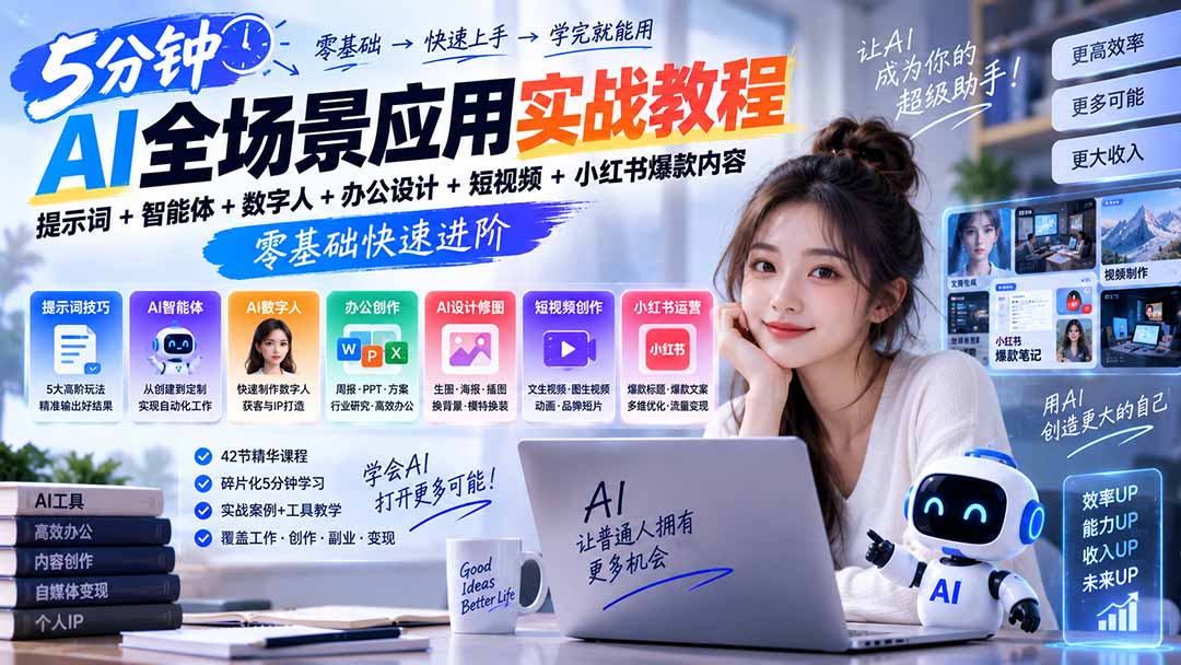 AI全场景应用实战教程｜提示词+智能体+数字人+办公设计+短视频+小红书爆款内容，零基础快速进阶-吾爱云课堂