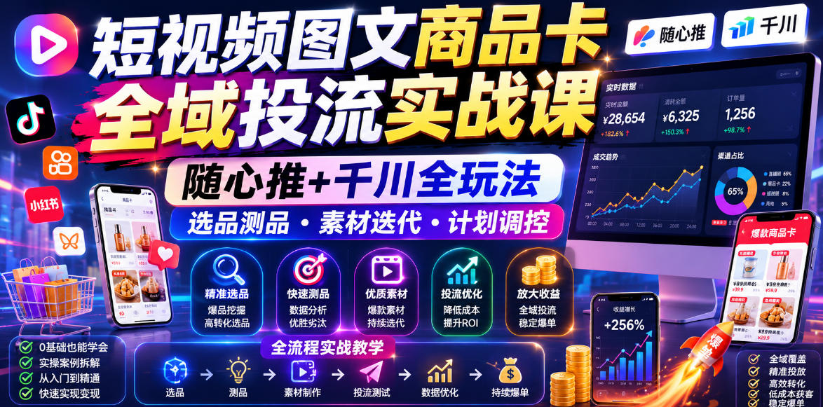 短视频图文商品卡全域投流实战课，随心推+千川全玩法，选品测品・素材迭代・计划调控，提升ROI爆单增收教程-吾爱云课堂