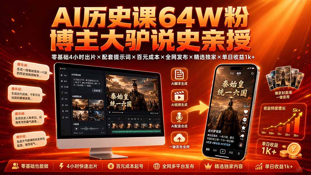 AI历史课64W粉博主大驴说史亲授：零基础4小时出片×配套提示词×百元成本×全网发布×精选独家×单日收益1k+-吾爱云课堂