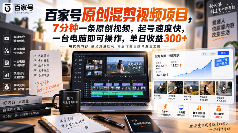 百家号原创混剪视频项目，7分钟一条原创视频，起号速度快，一台电脑即可操作，单日收益300+-吾爱云课堂
