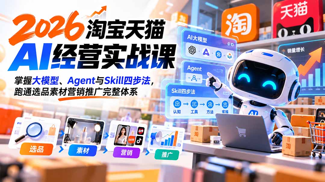 【无水印】2026淘宝天猫AI经营实战课：掌握大模型、Agent与Skill四步法，跑通选品素材营销推广完整体系-吾爱云课堂
