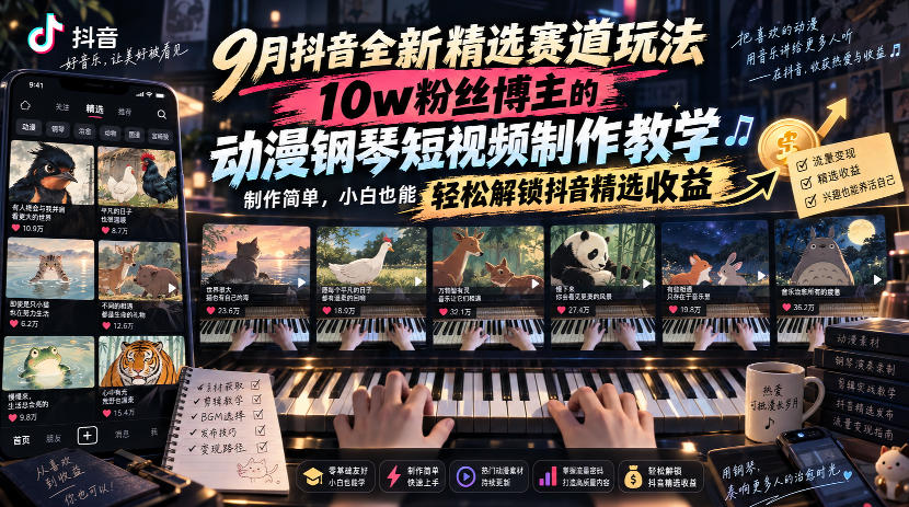 9月抖音全新精选赛道玩法，10w粉丝博主的动漫钢琴短视频制作教学，制作简单，小白也能轻松解锁抖音精选收益-吾爱云课堂