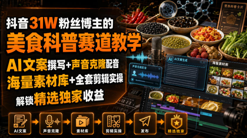 抖音31W粉丝博主的美食科普赛道教学，AI文案撰写+声音克隆配音+剪辑实操，解锁精选独家收益-吾爱云课堂
