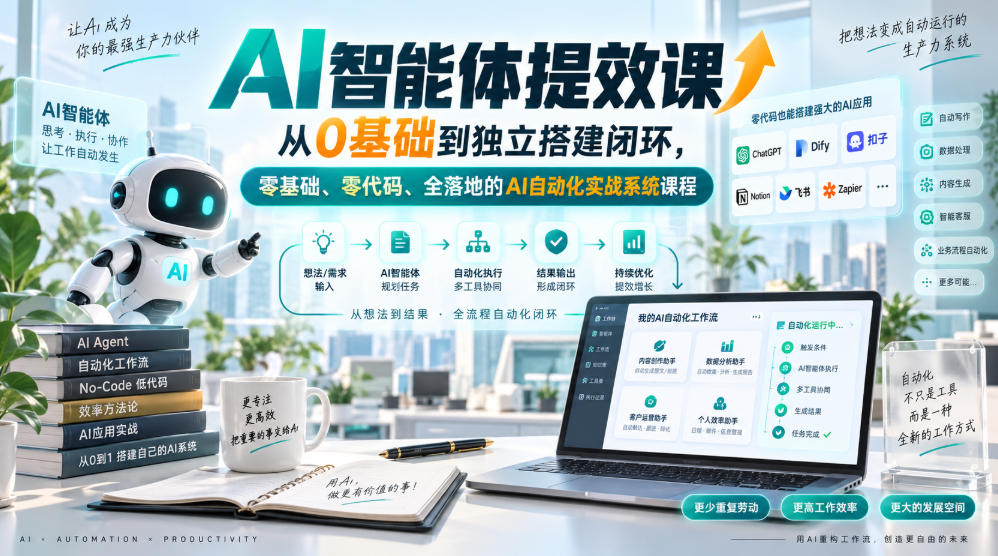 AI智能体提效课，从0基础到独立搭建闭环，零基础、零代码、全落地的AI自动化实战系统课程-吾爱云课堂