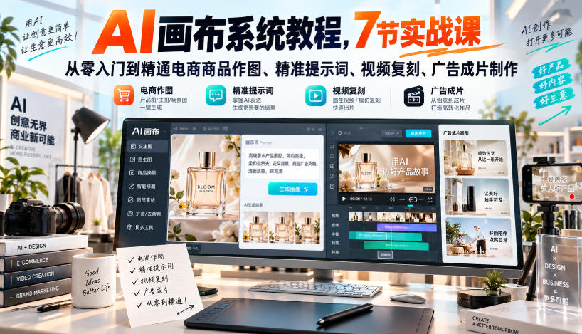 AI画布系统教程，7节实战课从零入门到精通电商商品作图、精准提示词、视频复刻、广告成片制作-吾爱云课堂