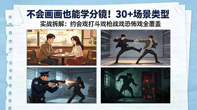 不会画画也能学分镜！30+场景类型实战拆解：约会戏打斗戏枪战戏恐怖戏全覆盖-吾爱云课堂