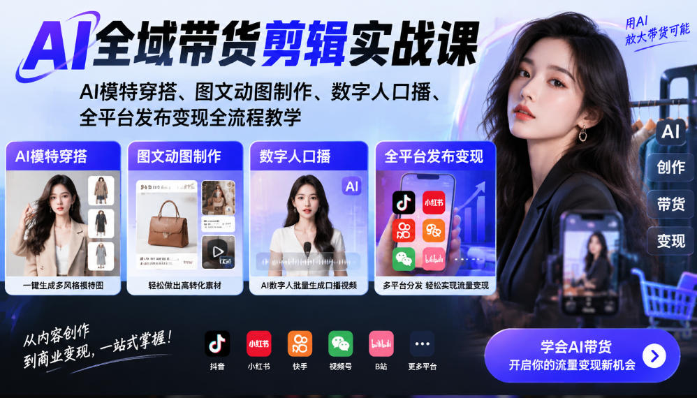 AI全域带货剪辑实战课｜AI模特穿搭、图文动图制作、数字人口播、全平台发布变现全流程教学-吾爱云课堂