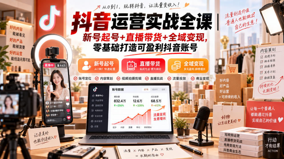 抖音运营实战全课｜新号起号+直播带货+全域变现，零基础打造可盈利抖音账号-吾爱云课堂