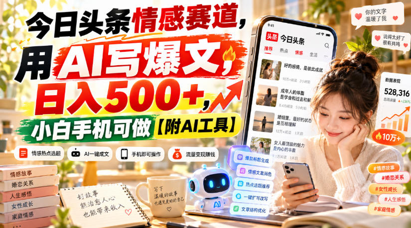 今日头条情感赛道，用AI写爆文，日入500+，小白手机可做【附AI工具】-吾爱云课堂