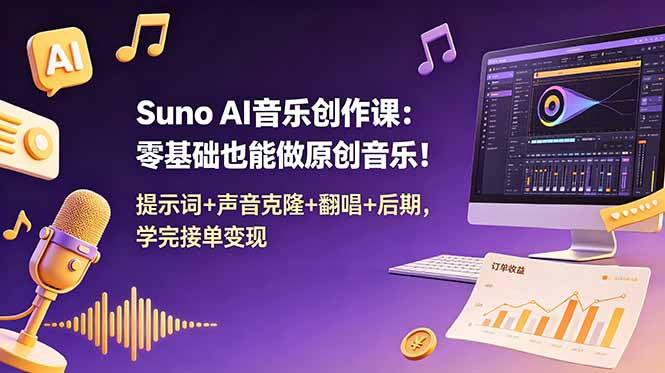 Suno AI音乐创作课：零基础也能做原创音乐！提示词+声音克隆+翻唱+后期，学完接单变现-吾爱云课堂