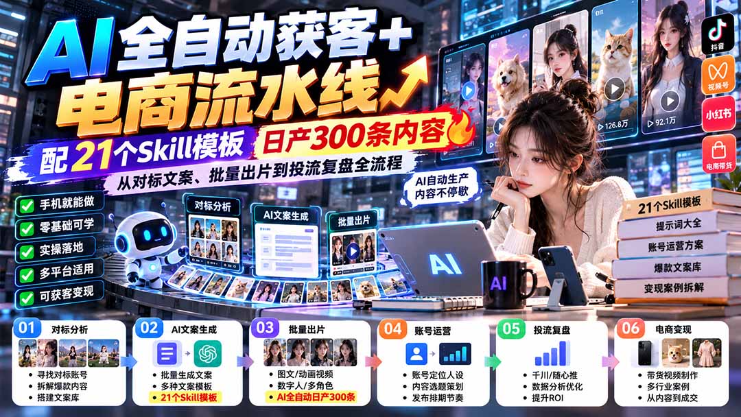 【无水印】AI全自动获客+电商流水线：配21个Skill模板，日产300条内容，从对标文案、批量出片到投流复盘全流程-吾爱云课堂
