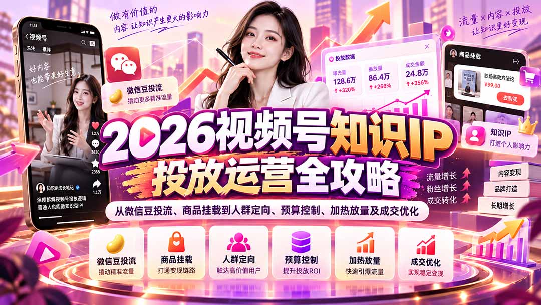 2026视频号知识IP投放运营全攻略：从微信豆投流、商品挂载到人群定向、预算控制、加热放量及成交优化-吾爱云课堂
