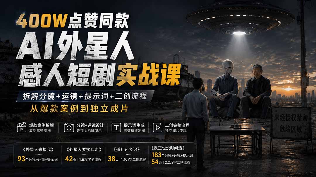 400W点赞同款AI外星人感人短剧实战课：拆解分镜+运镜+提示词+二创流程，从爆款案例到独立成片-吾爱云课堂