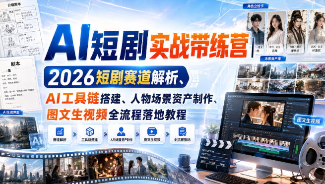 AI短剧实战带练营｜2026短剧赛道解析、AI工具链搭建、人物场景资产制作、图文生视频全流程落地教程-吾爱云课堂