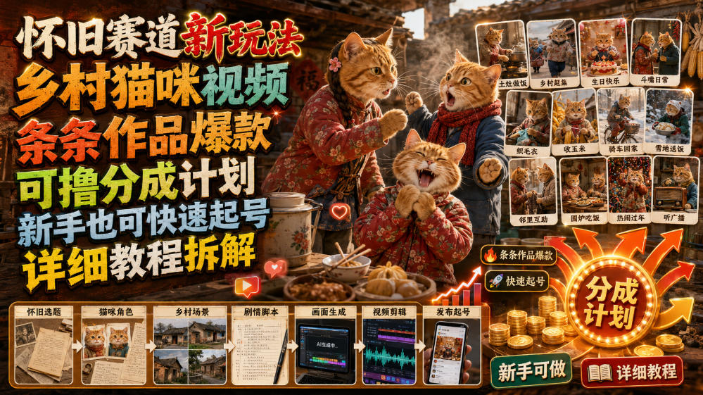 怀旧赛道新玩法,乡村猫咪视频,条条作品爆款,可撸分成计划,新手也可快速起号,详细教程拆解-吾爱云课堂