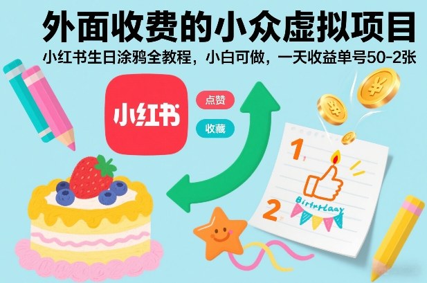 外面收费的小众虚拟项目，小红书生日涂鸦全教程，小白可做，一天收益单号50-2张-吾爱云课堂