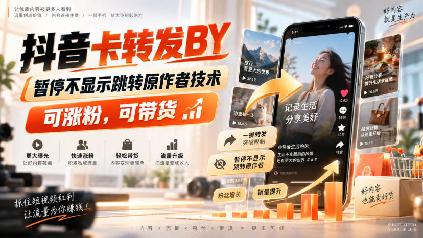 抖音卡转发搬运，暂停不显示跳转原作者技术，可涨粉，可带货-吾爱云课堂