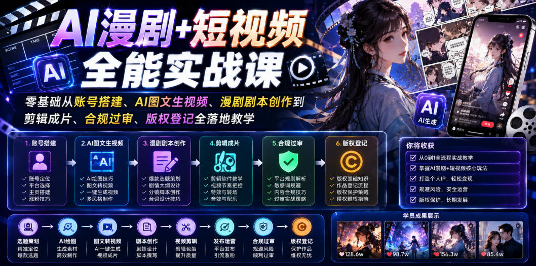AI漫剧+短视频全能实战课｜零基础从账号搭建、AI图文生视频、漫剧剧本创作到剪辑成片、合规过审、版权登记全落地教学-吾爱云课堂